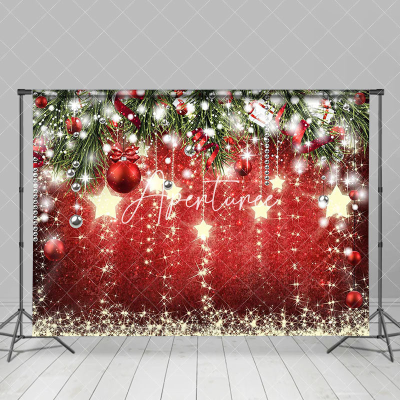 Aperturee - Red Gold Stars Bells Leaves Merry Christmas Backdrop