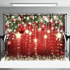 Aperturee - Red Gold Stars Bells Leaves Merry Christmas Backdrop