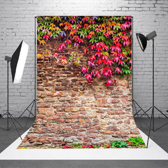 Aperturee - Red Green Leaves Vintage Brick Wall Photo Backdrop