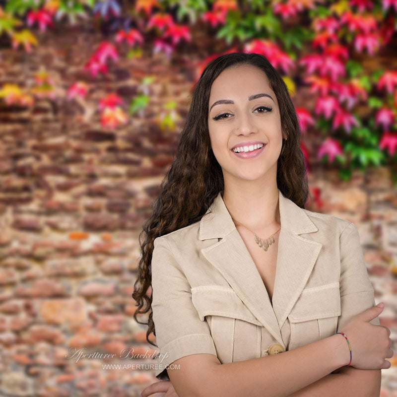 Aperturee - Red Green Leaves Vintage Brick Wall Photo Backdrop