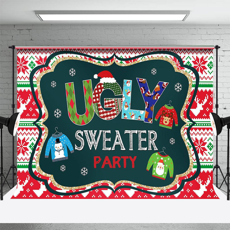 Aperturee - Red Green Ugly Sweater Party Kids Christmas Backdrop