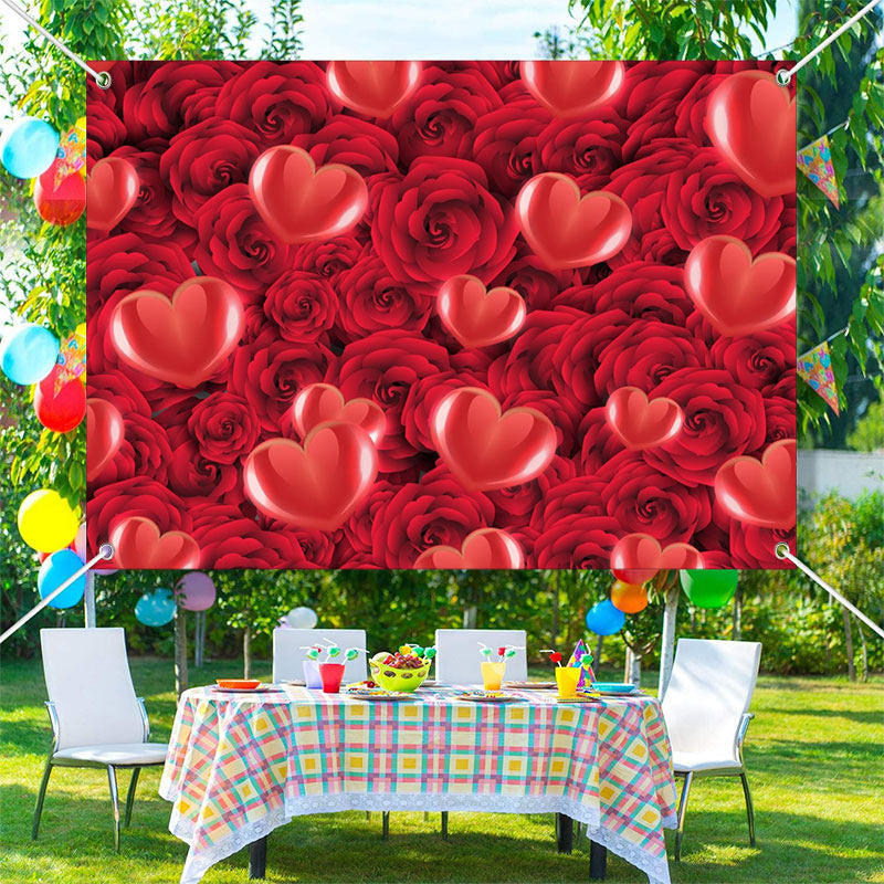 Aperturee - Red Heart Bloom Rose Romantic Valentines Day Backdrop