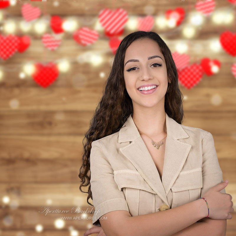 Aperturee - Red Hearts Bokeh Wooden Texture Valentines Backdrop