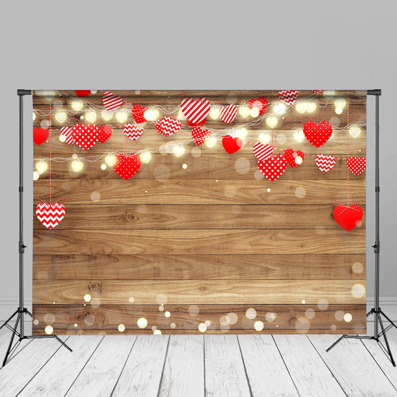 Aperturee - Red Hearts Bokeh Wooden Texture Valentines Backdrop