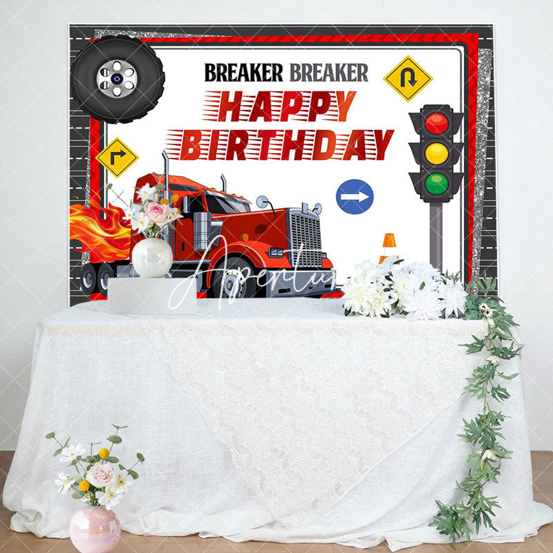 Aperturee - Red Heavy Duty Truck Traffic Happy Birthday Backdrop