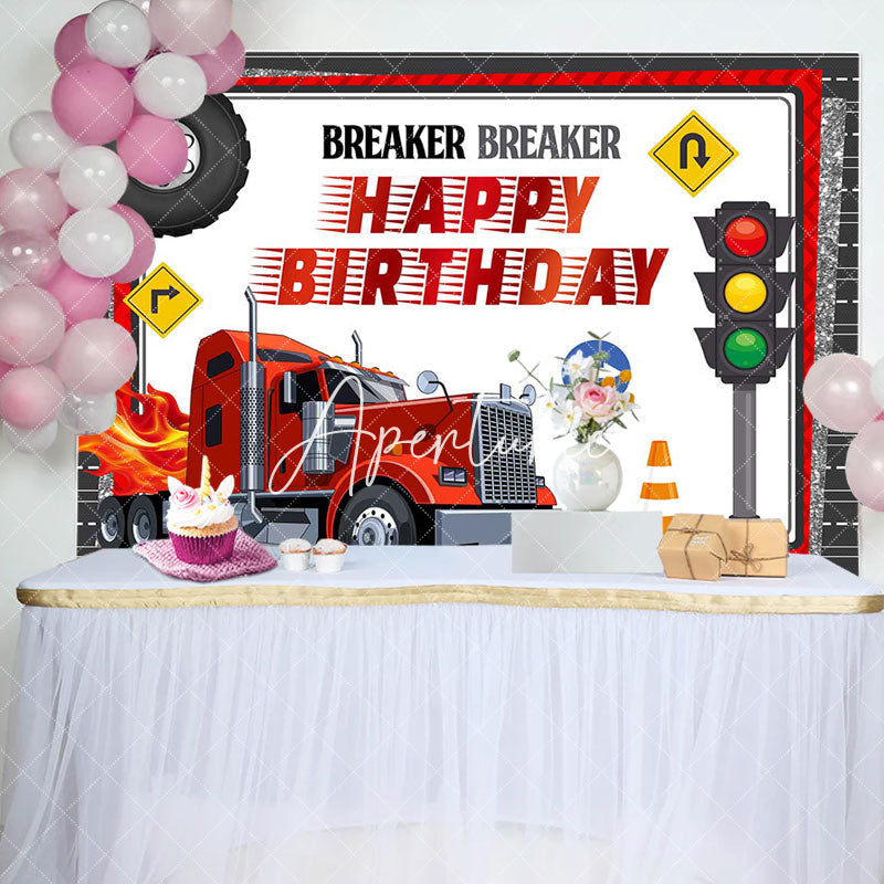 Aperturee - Red Heavy Duty Truck Traffic Happy Birthday Backdrop