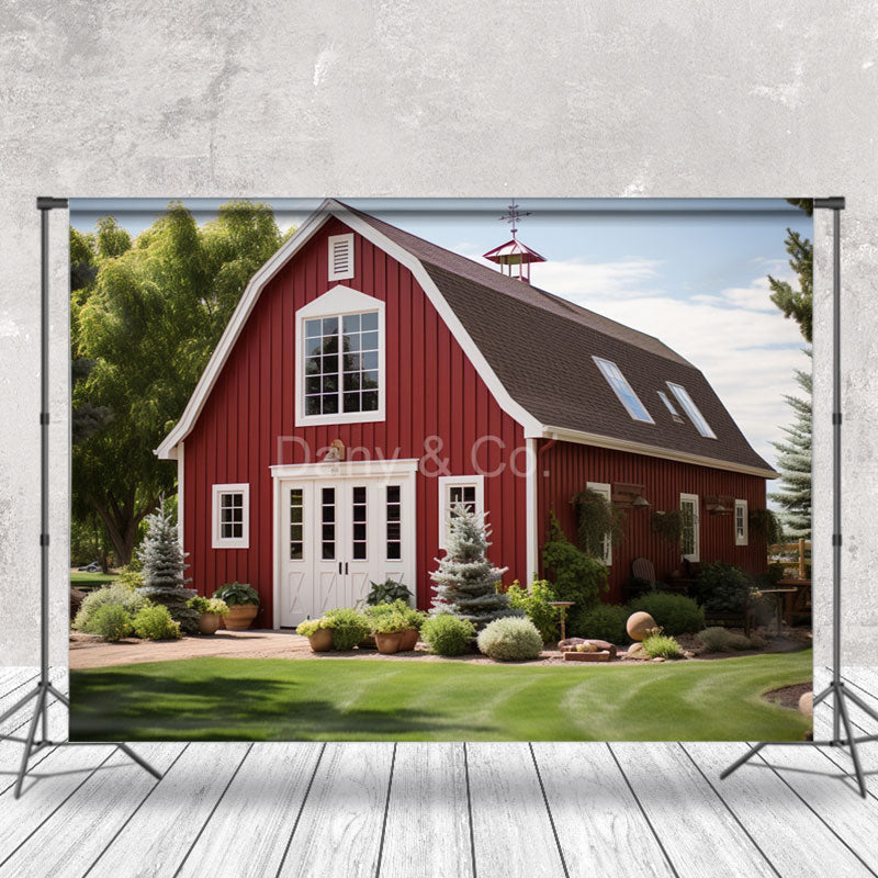 Aperturee - Red House Tree Grass Sky Spring Backdrops For Photo