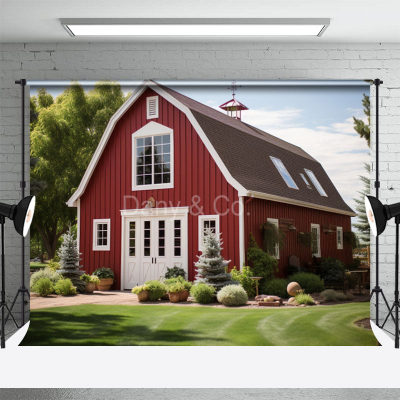 Aperturee - Red House Tree Grass Sky Spring Backdrops For Photo