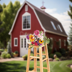 Aperturee - Red House Tree Grass Sky Spring Backdrops For Photo