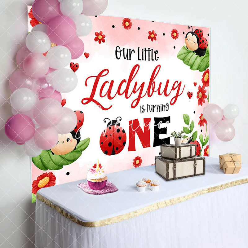 Aperturee - Red Ladybird Floral Leaves 1st Birthday Backdrop