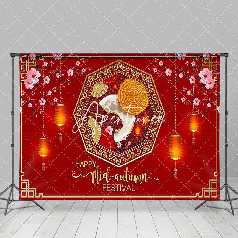 Aperturee - Red Lantern Floral Happy Mid Autumn Festival Backdrop