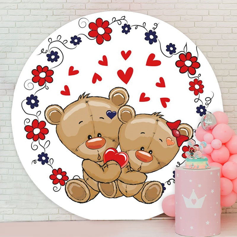 Aperturee - Red Love Floral Bear Round Valentines Backdrop