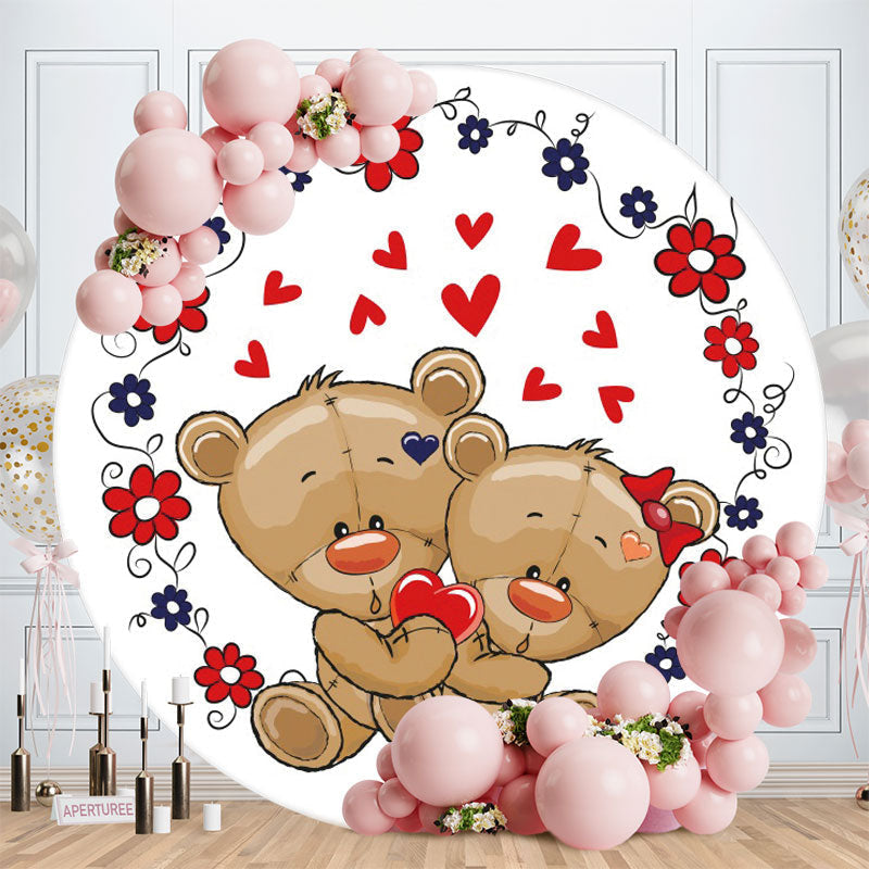 Aperturee - Red Love Floral Bear Round Valentines Backdrop