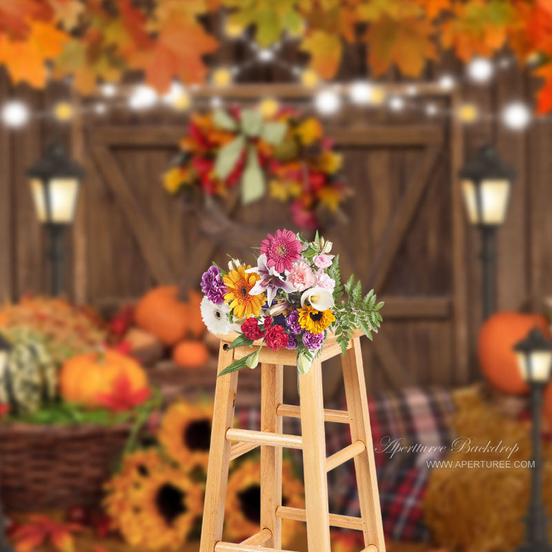 Aperturee - Red Maples Pumpkins Wood Door Autumn Backdrop For Decor