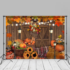 Aperturee - Red Maples Pumpkins Wood Door Autumn Backdrop For Decor