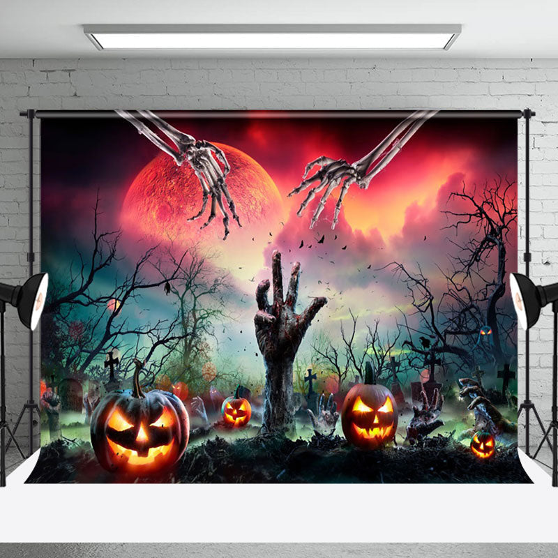 Aperturee - Red Moon Tomb Skeleton Hand Pumpkin Halloween Backdrop