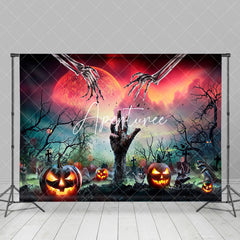 Aperturee - Red Moon Tomb Skeleton Hand Pumpkin Halloween Backdrop