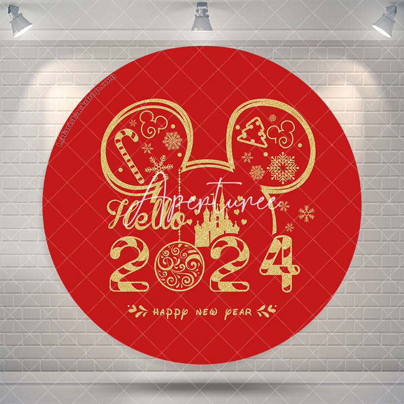 Aperturee Red Mouse Hello 2024 Round Happy New Year Backdrop