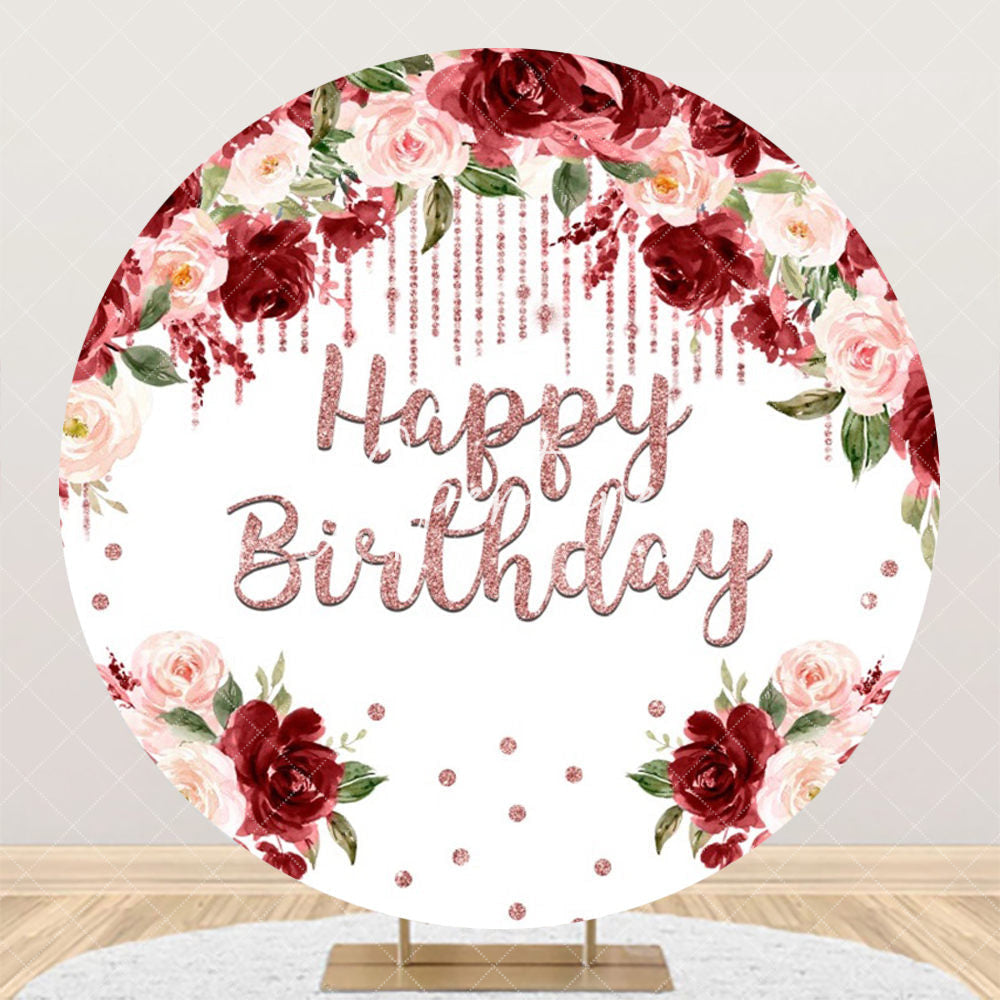 Aperturee - Red Pink Floral Diamond Round Happy Birthday Backdrop