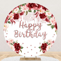 Aperturee - Red Pink Floral Diamond Round Happy Birthday Backdrop