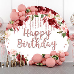 Aperturee - Red Pink Floral Diamond Round Happy Birthday Backdrop