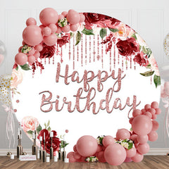 Aperturee - Red Pink Floral Diamond Round Happy Birthday Backdrop