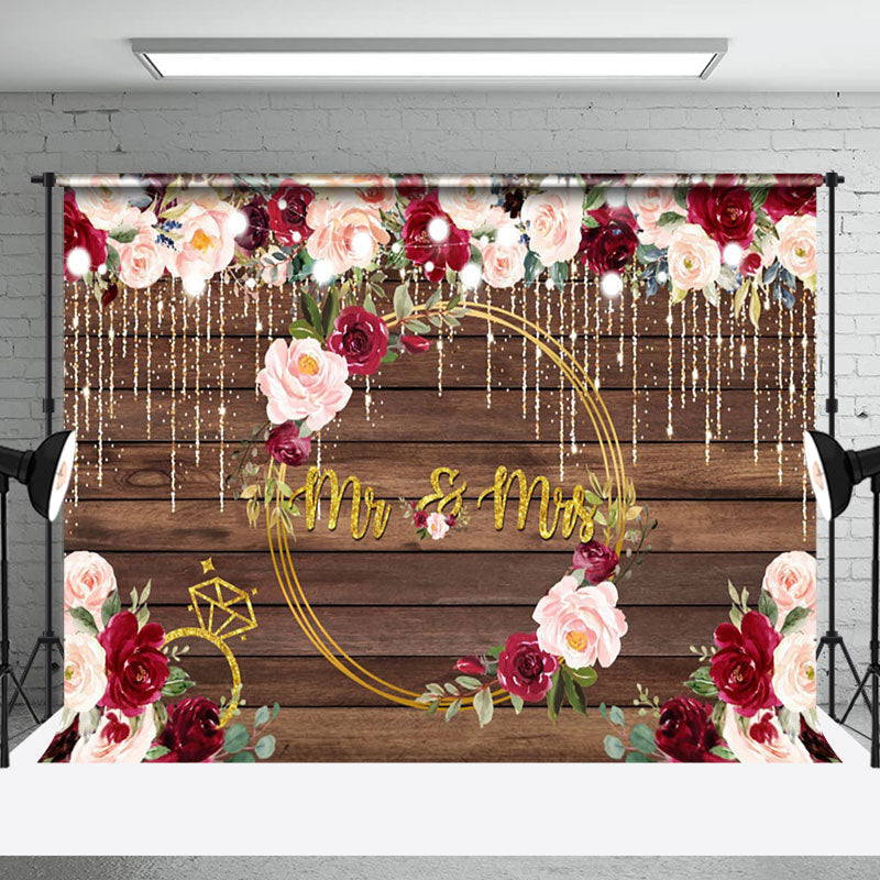 Aperturee - Red Pink Floral Wooden Wall Wedding Party Backdrop