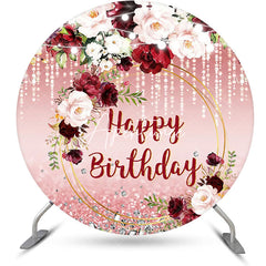 Aperturee - Red Pink Glitter Floral Leaf Round Birthday Backdrop