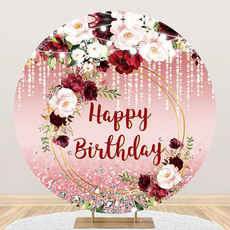 Aperturee - Red Pink Glitter Floral Leaf Round Birthday Backdrop