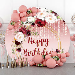 Aperturee - Red Pink Glitter Floral Leaf Round Birthday Backdrop