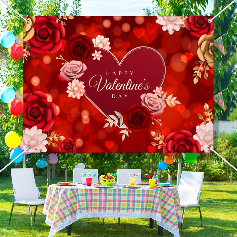 Aperturee - Red Pink Rose Heart Bokeh Valentines Day Backdrop