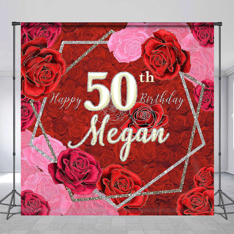 Aperturee - Red Pink Roses Custom Name 50th Birthday Backdrop