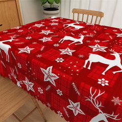 Aperturee - Red Plaid Deer Star Leaves Christmas Dining Tablecloth