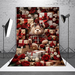 Aperturee - Red Plaid Teddy Bear Gifts Flowers Photo Backdrop