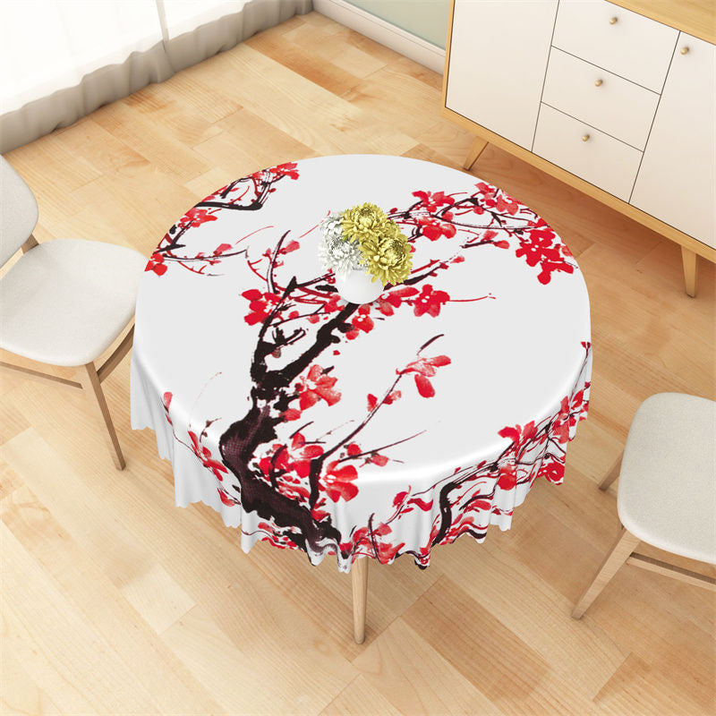 Aperturee - Red Plum Tree Print Ink Painting Round Tablecloth