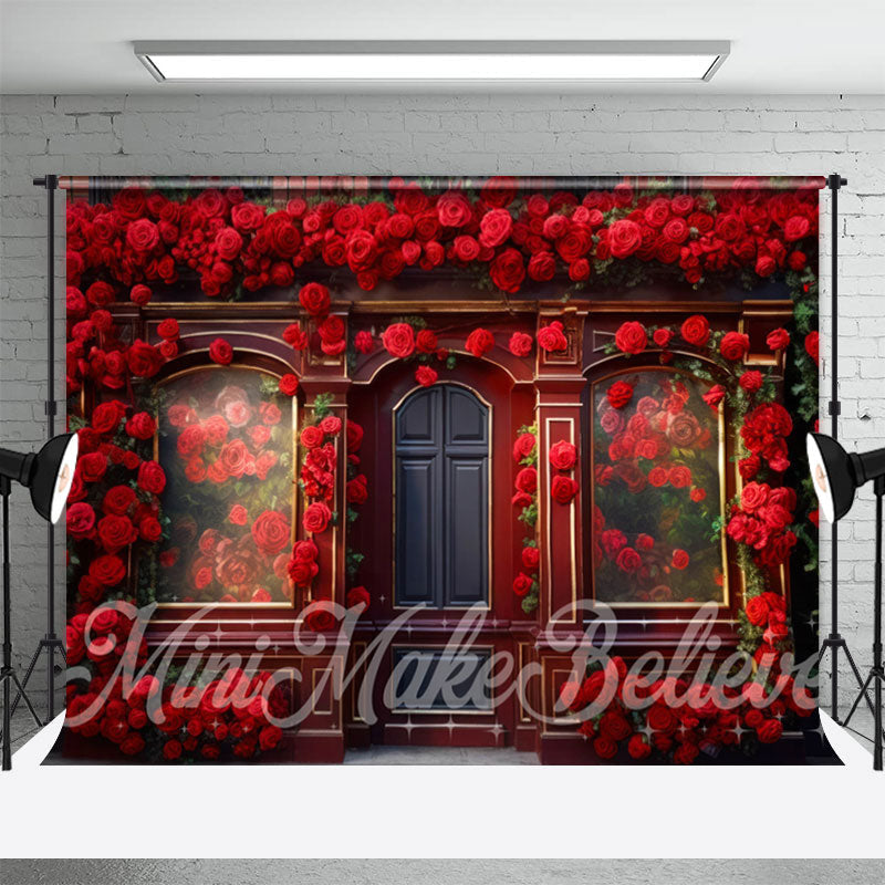 Aperturee - Red Retro Door Full Of Red Roses Floral Backdrop