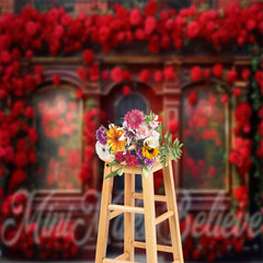 Aperturee - Red Retro Door Full Of Red Roses Floral Backdrop