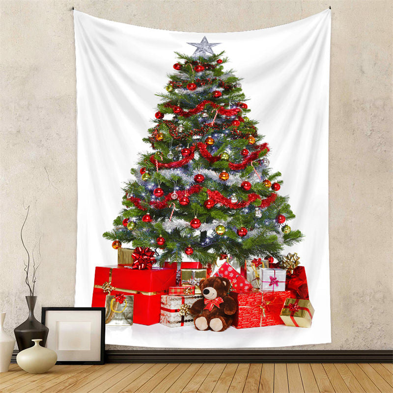 Aperturee - Red Ribbon Christmas Tree Gifts Room Wall Tapestry