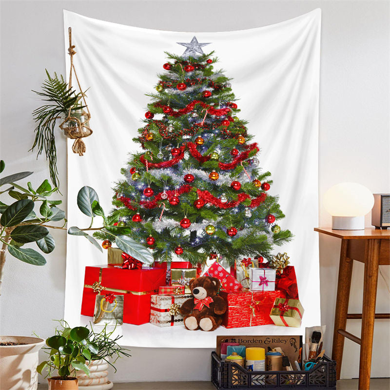 Aperturee - Red Ribbon Christmas Tree Gifts Room Wall Tapestry