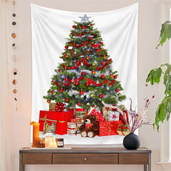 Aperturee - Red Ribbon Christmas Tree Gifts Room Wall Tapestry