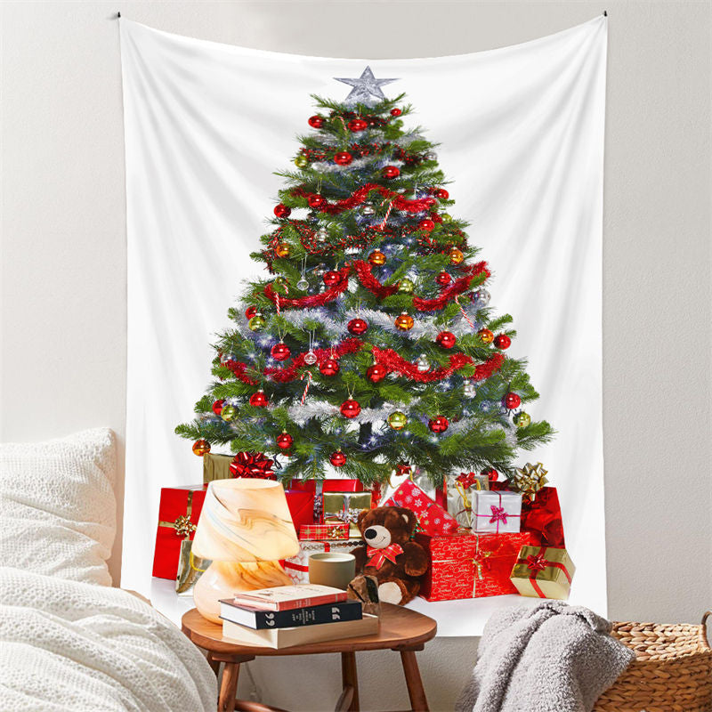 Aperturee - Red Ribbon Christmas Tree Gifts Room Wall Tapestry