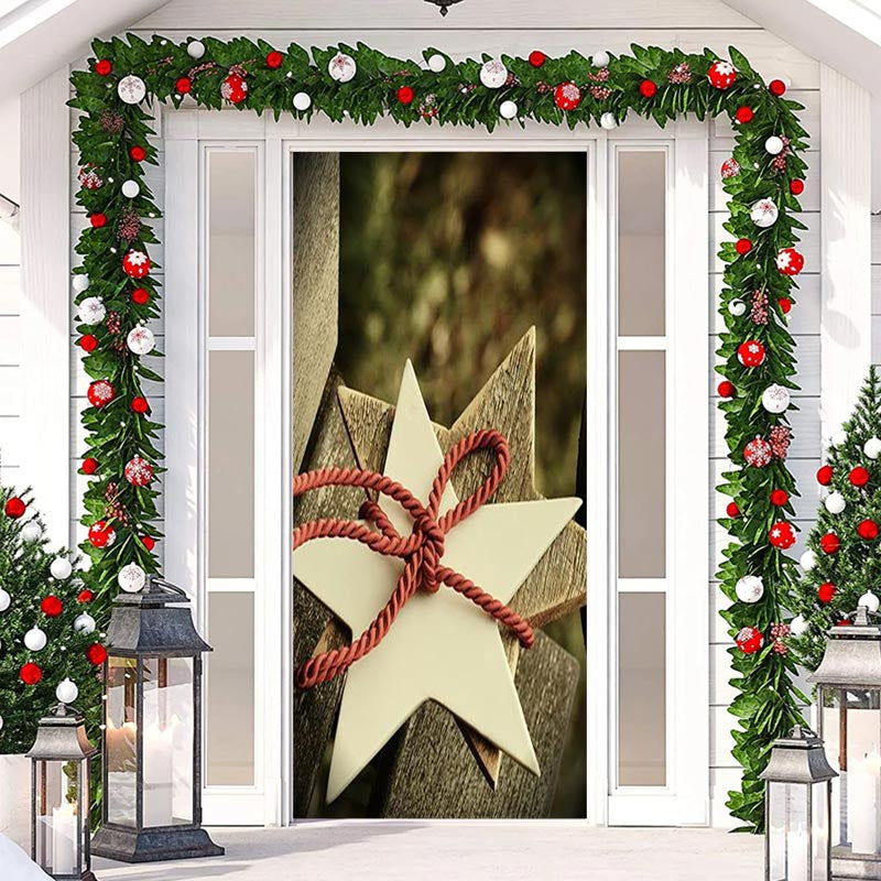 Aperturee - Red Rope Wooden Star Bokeh Christmas Door Cover