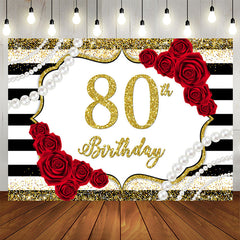 Aperturee - Red Rose And Gold Glitter 80th Birthday Party Backdrop