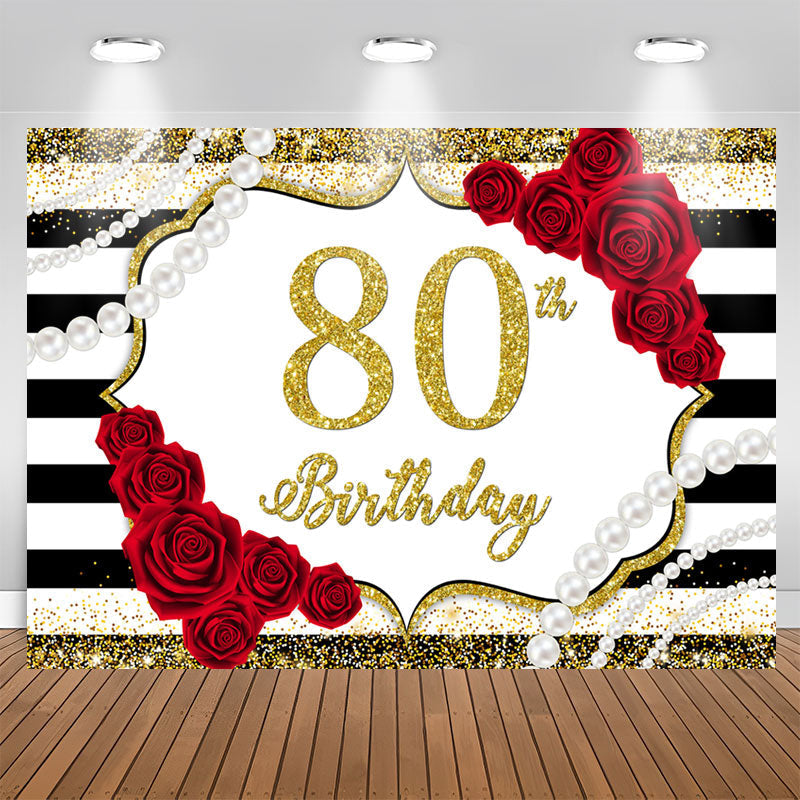 Aperturee - Red Rose And Gold Glitter 80th Birthday Party Backdrop