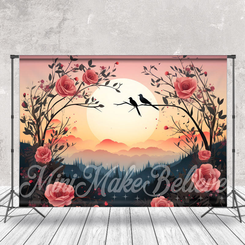 Aperturee - Red Rose Bush Bird Sunset Forest Fine Art Backdrop