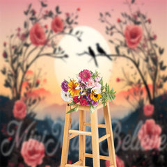 Aperturee - Red Rose Bush Bird Sunset Forest Fine Art Backdrop