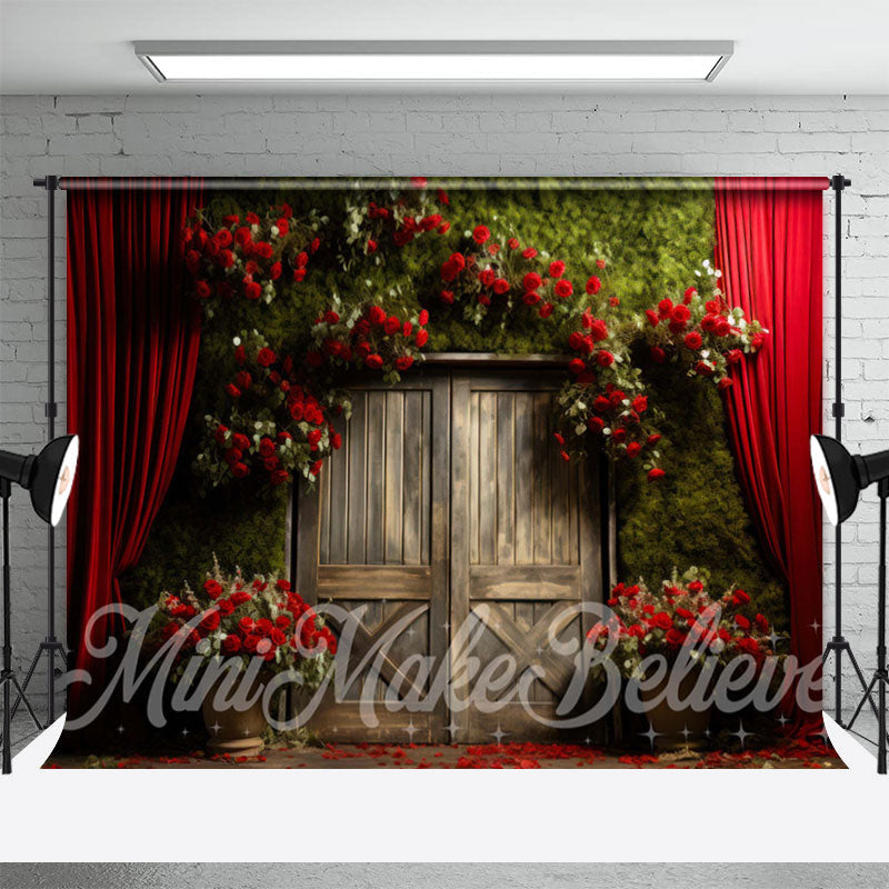 Aperturee - Red Rose Curtain Green Bush Old Wood Door Backdrop