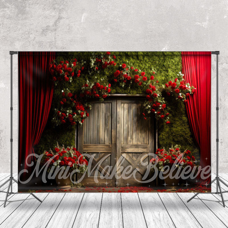 Aperturee - Red Rose Curtain Green Bush Old Wood Door Backdrop