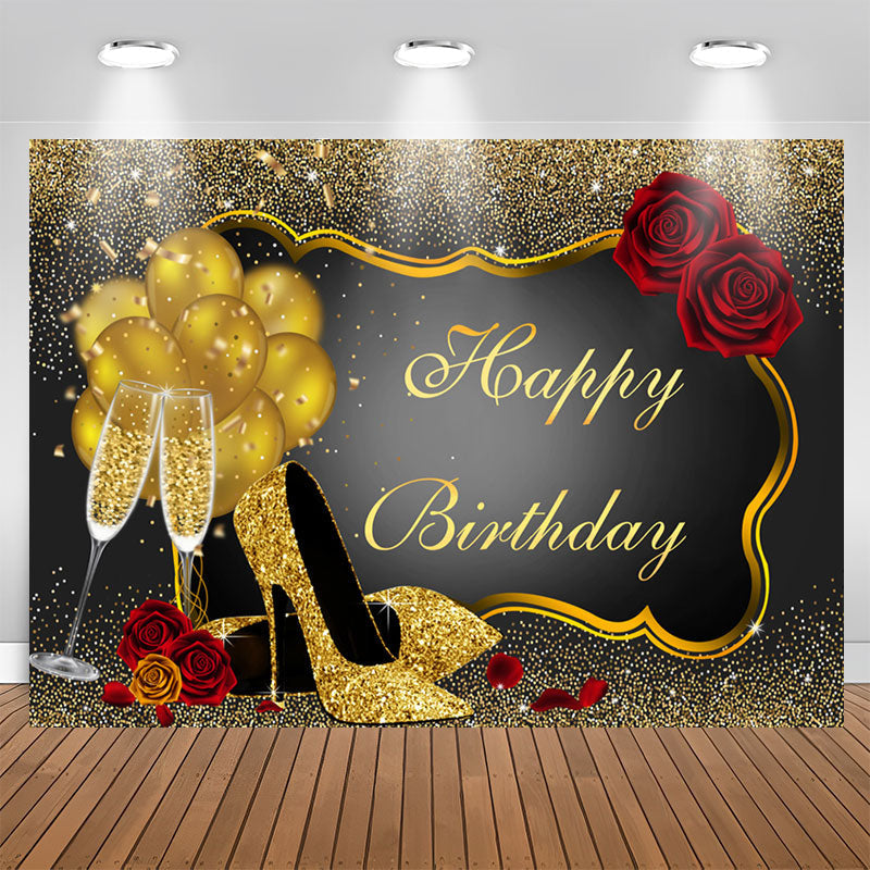 Aperturee - Red Rose Floral Glitter Gold Happy Birthday Backdrop