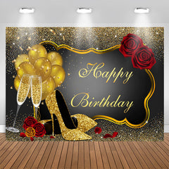 Aperturee - Red Rose Floral Glitter Gold Happy Birthday Backdrop